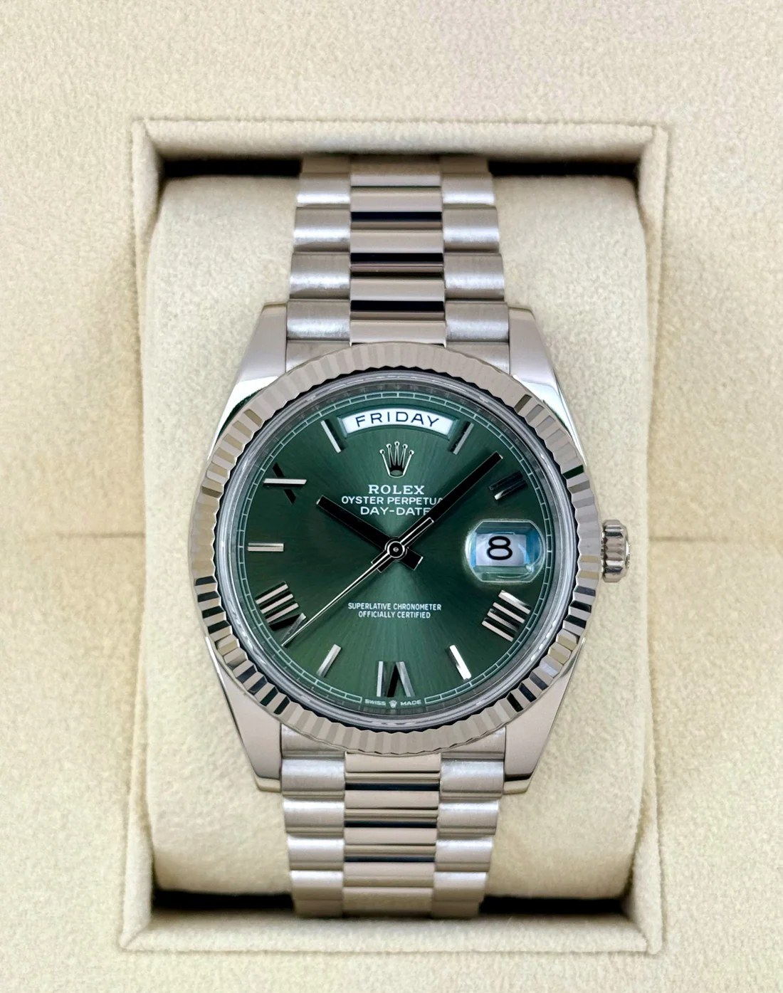 2022 Rolex Day-Date 40mm 228239 White Gold Olive Dial