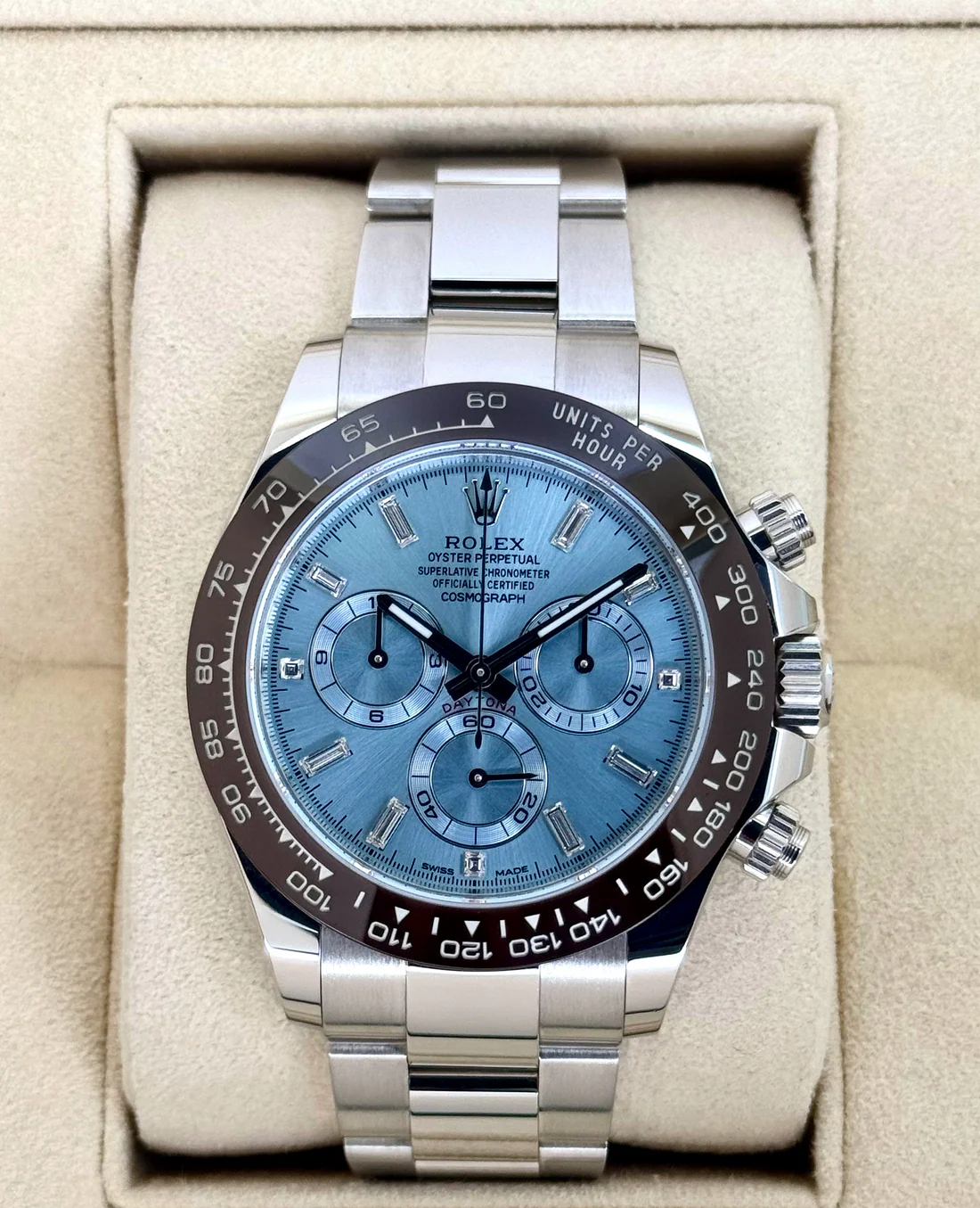 2022 Rolex Daytona 40mm 116506 Platinum Ice Blue Diamond Baguette Dial