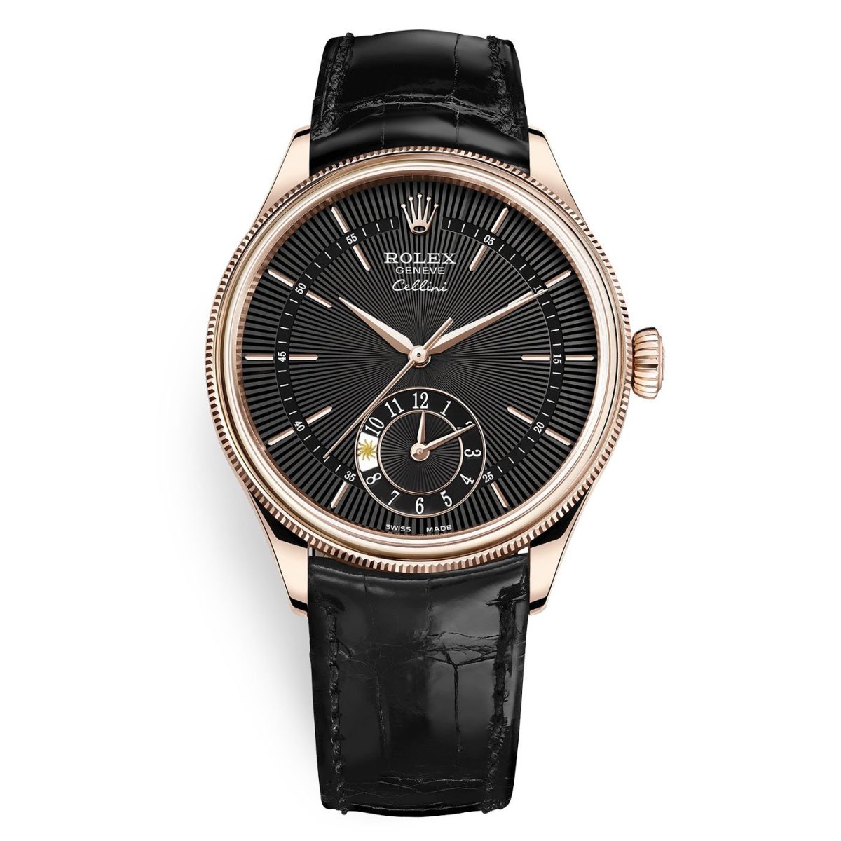 Rolex Cellini 50525 Black Dial Leather Strap Dual Time 39mm Watch
