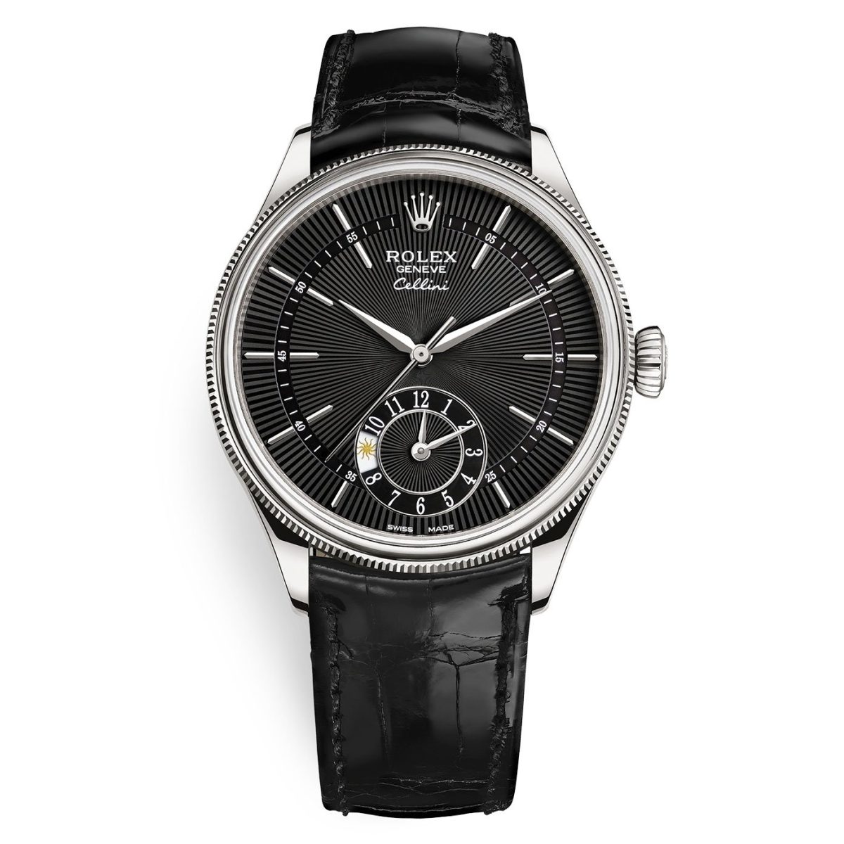 Rolex Cellini 50529 Black Dial Leather Strap Dual Time 39mm Mens...